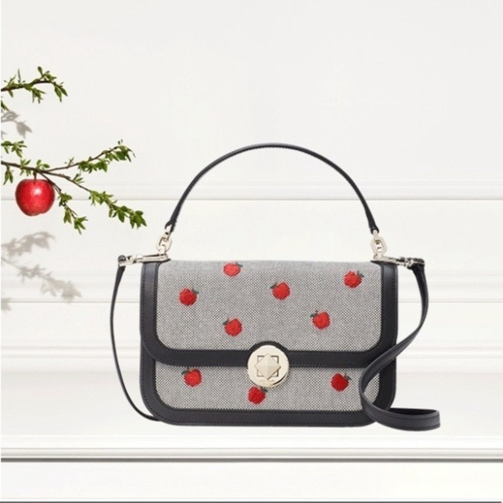 Kate Spade Audrey Embroidered Apples Canvas Flap Crossbody Bag NWT